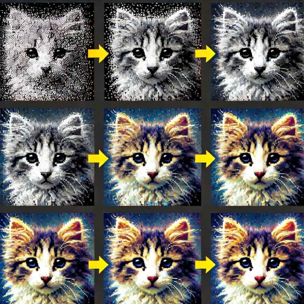 image of kittens being reconstructed from more blurry versions of the image, as would likely be seen by an ai during its processing