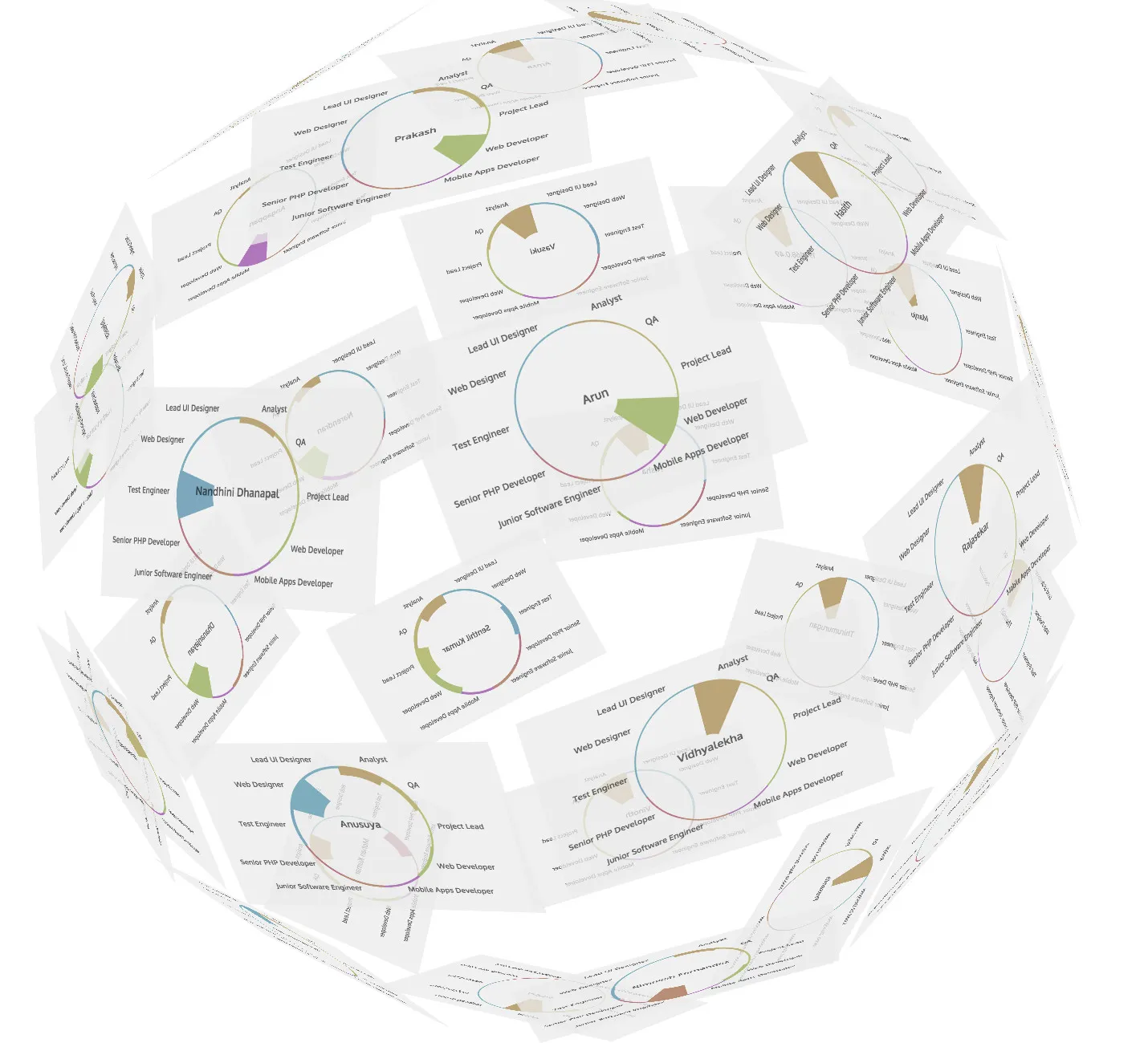 The image shows a spherical 3D collage of pie charts, each representing role distributions for various individuals in categories such as QA, Web Developer, and Mobile Apps Developer.